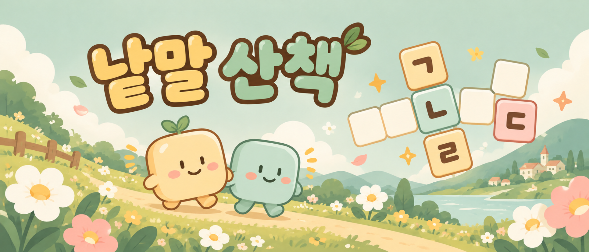 낱말 산책 — 꽃밭을 함께 걷는 두 캐릭터와 ㄱ·ㄴ·ㄷ·ㄹ 낱말 블록